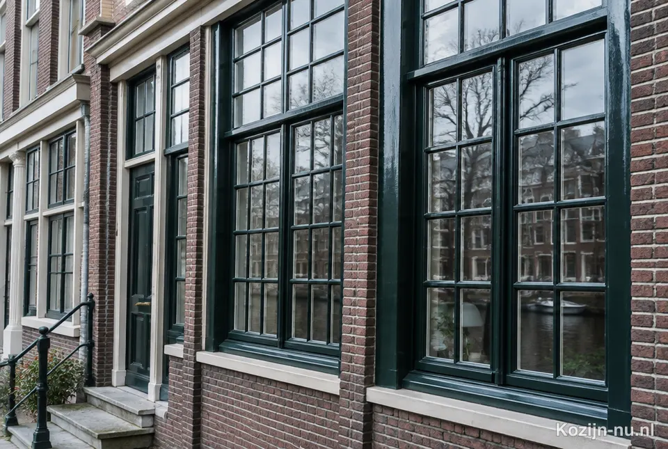 Grachtenpand met groen geschilderde houten kozijnen