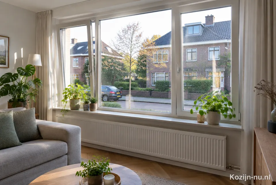 Woonkamer met nieuwe witte kunststof kozijnen