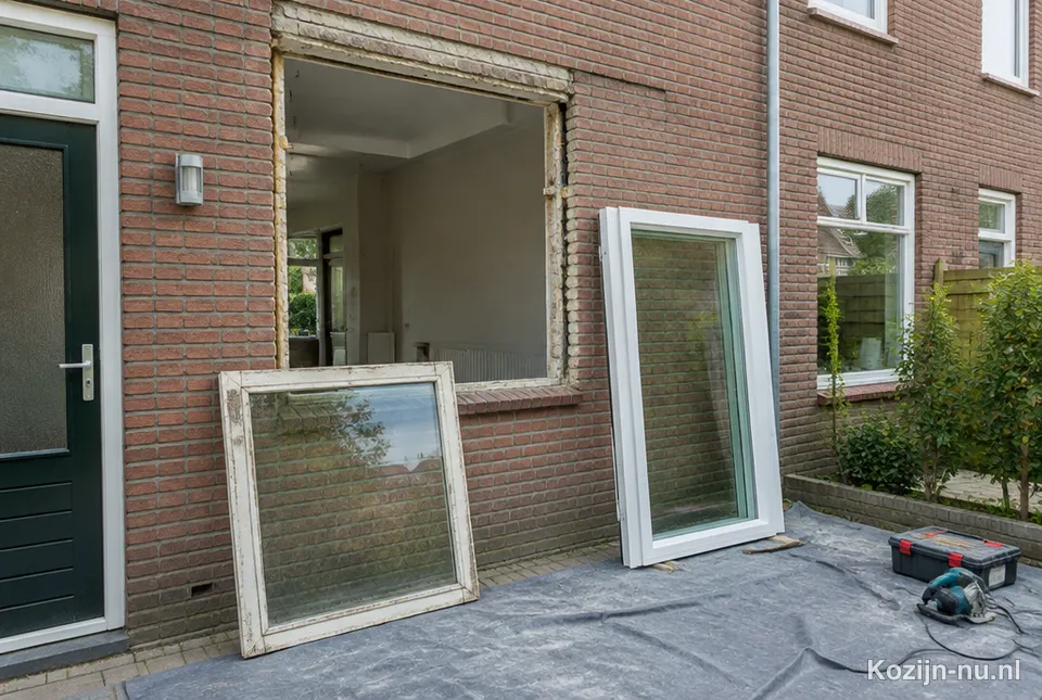 Oud kozijn uit de gevel, nieuw kozijn staat klaar